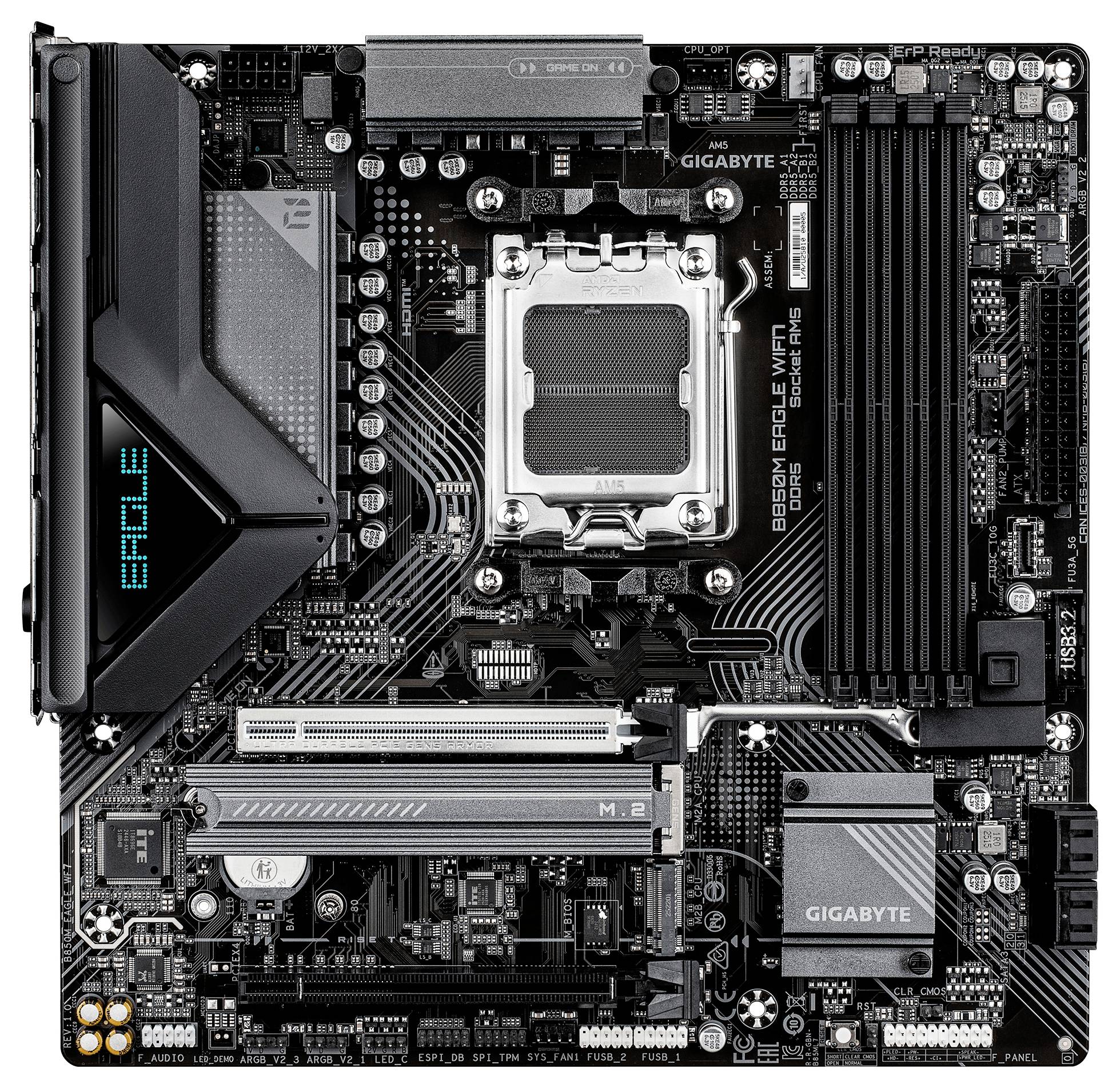Gigabyte B660M-moderkort, visar CPU-sockel, RAM-platser, PCIe-platser, M.2-värmeöverföring och bakre I/O-skydd.