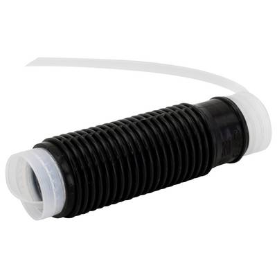 Närbild av en koaxial RF-kontakt med ett metalliskt dammskydd fäst vid en pärlad kedja på en vit bakgrund.
