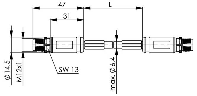 Teknisk ritning av en kabelkopplingsadapter som visar dimensioner 47, 31, L, max. Ø6,4, Ø14,5, M12x1 och SW 13.