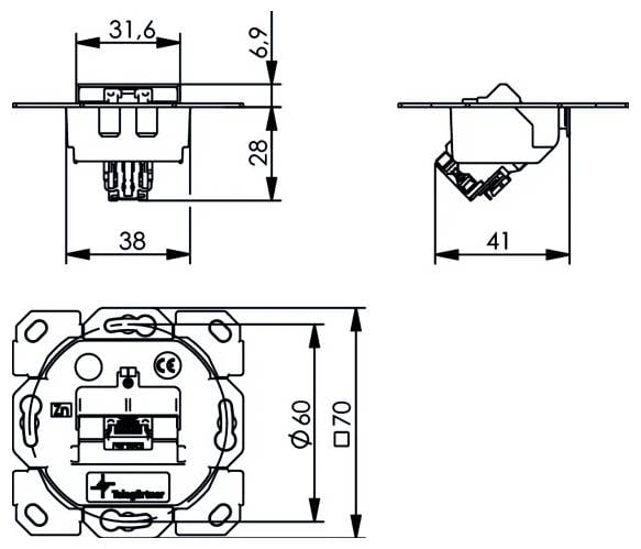 Teknisk dimensionsteckning av en rund elektrisk uttag eller strömbrytarmekanisme, som visar fram- och sidovyer med mätningar 31,6, 38, 41, 28, 6,9, 60 mm och 70 mm.