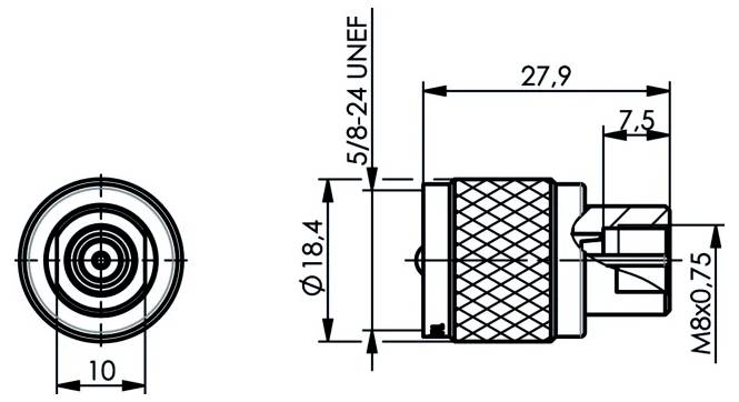 Teknisk ritning av en koaxial koppling, visar front- och sidovyer med dimensioner inklusive 27,9 längd, 18,4 diameter, 10 bredd, 5/8-24 UNEF-gänga och M8x0,75-gänga.