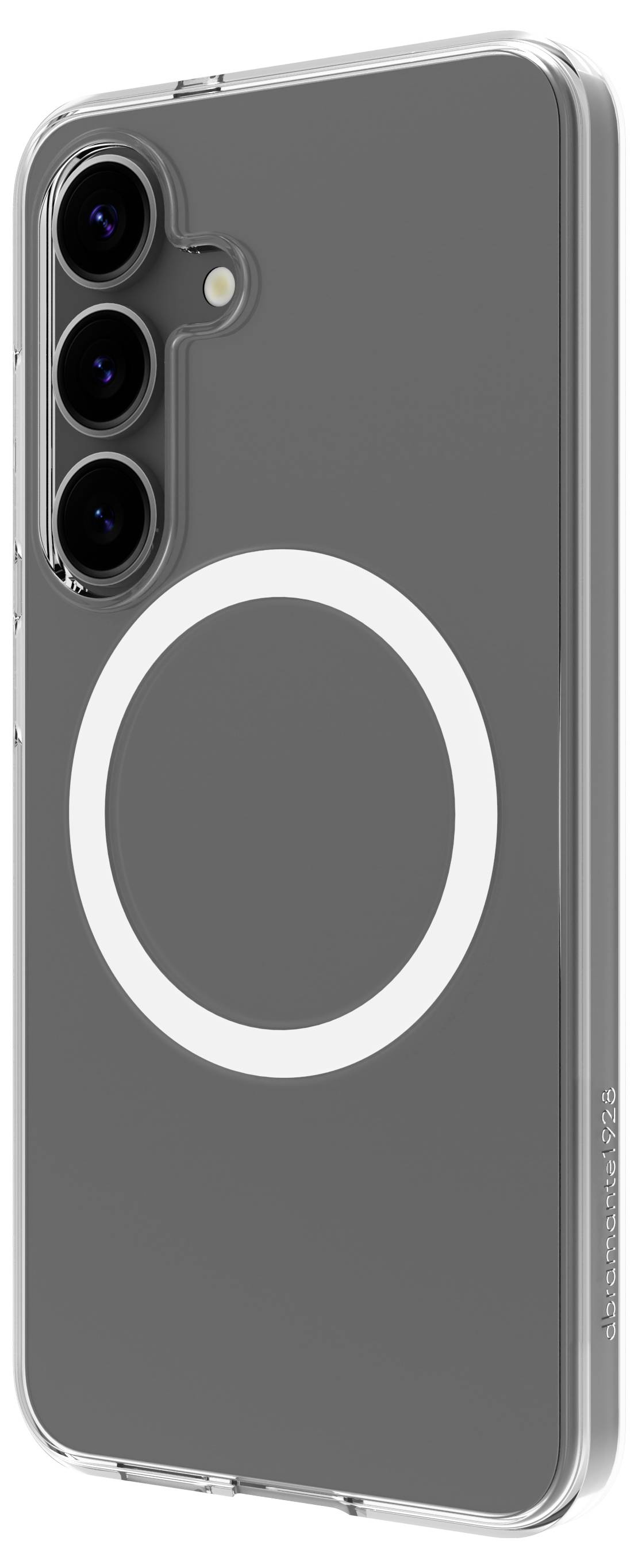 En smartphone med ett genomskinligt skal, med en cirkulär vit magnet på baksidan och tre kamerallinser på baksidan.