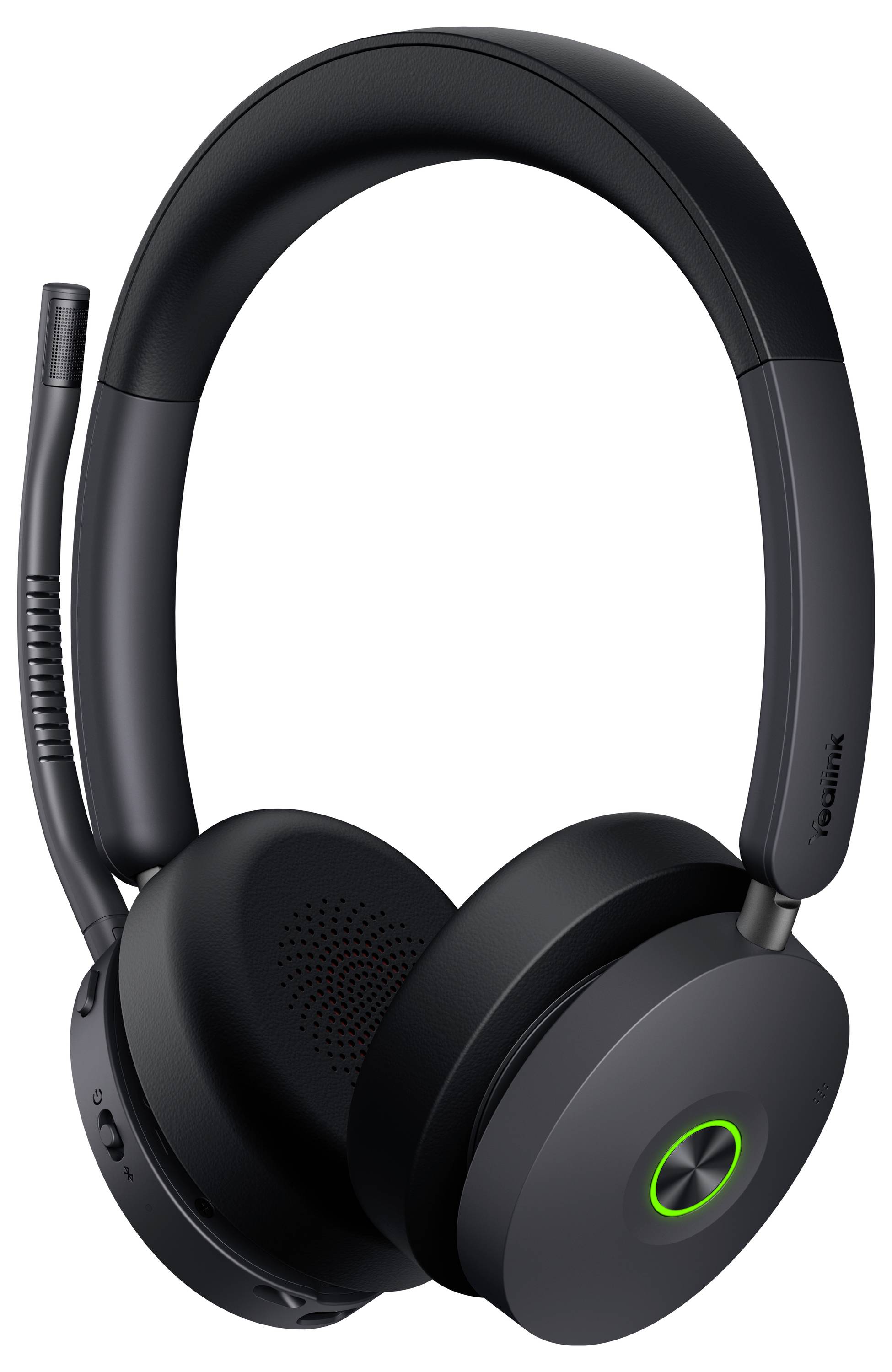 Svart trådlöst on-ear-headset med en bustransducer och en strömknapp belyst av en grön ring.