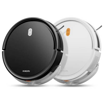 Två runda robotdammsugare, en svart och en vit, med märket "Xiaomi" på toppen, visade sida vid sida.