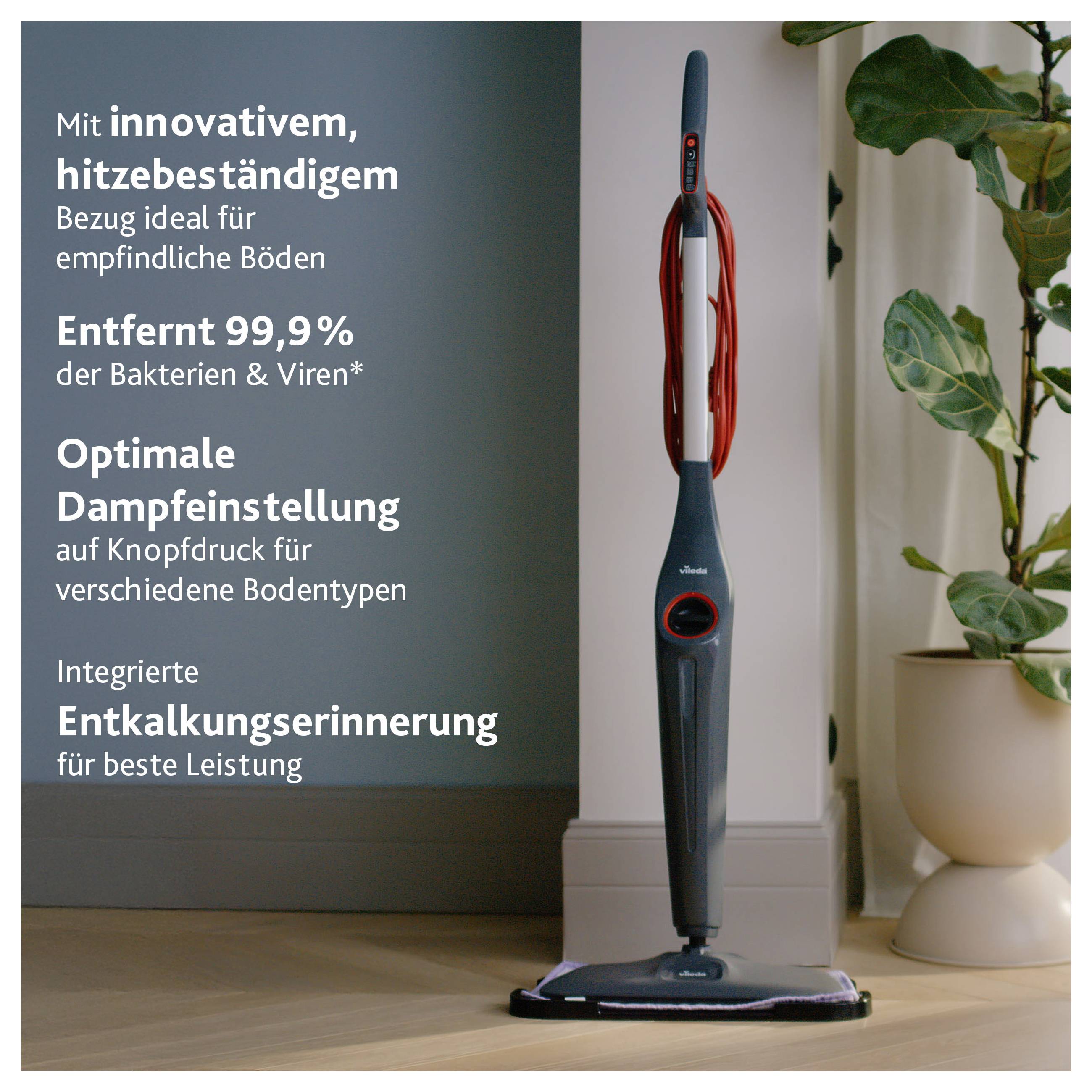 Ångmopp för bostadsrum; texten marknadsför värmestabil överdrag för känsliga golv, tar bort 99,9 % bakterier och virus, med ånginstallning och avkalkningspåminnelse.