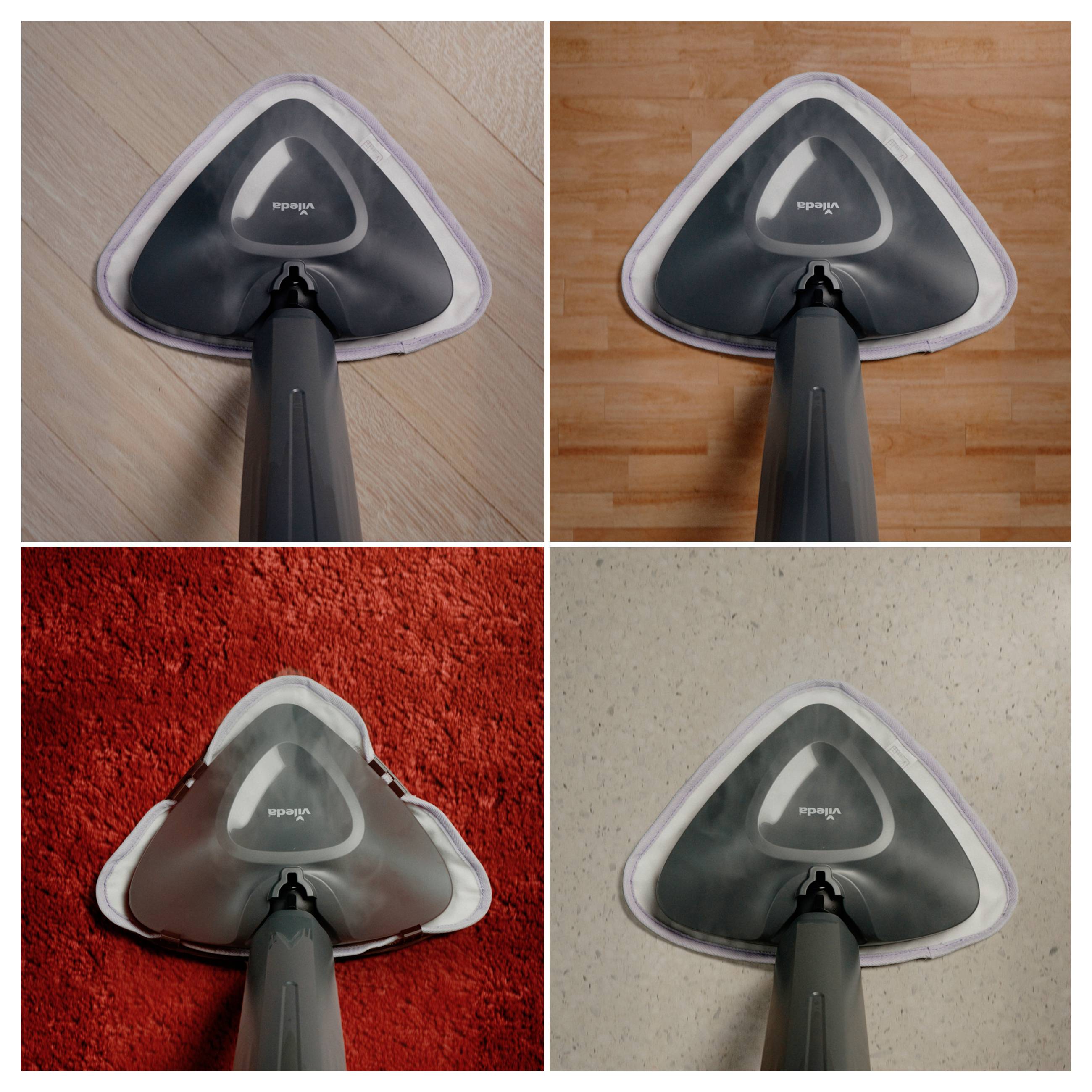 Fyra ovanifrånfotografier visar ett triangulär golvmopp på olika ytor: trä, orange trä, röd matta och spräcklig kakel.