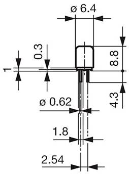 Teknisk ritning av en cylindrisk komponent med dimensioner: diameter 0,62, höjd 8,8 och basdiam eter 6,4, märkt för montering.