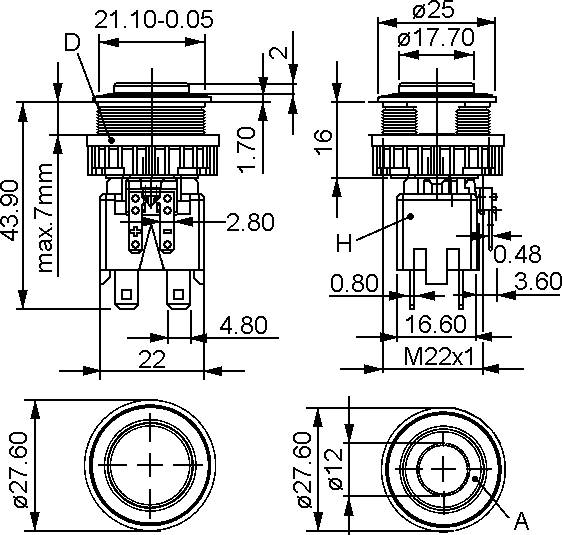 Teknisk diagram av en tryckknapp med dimensioner och specifikationer, inklusive diameter, höjd och monteringsdetaljer för installation.