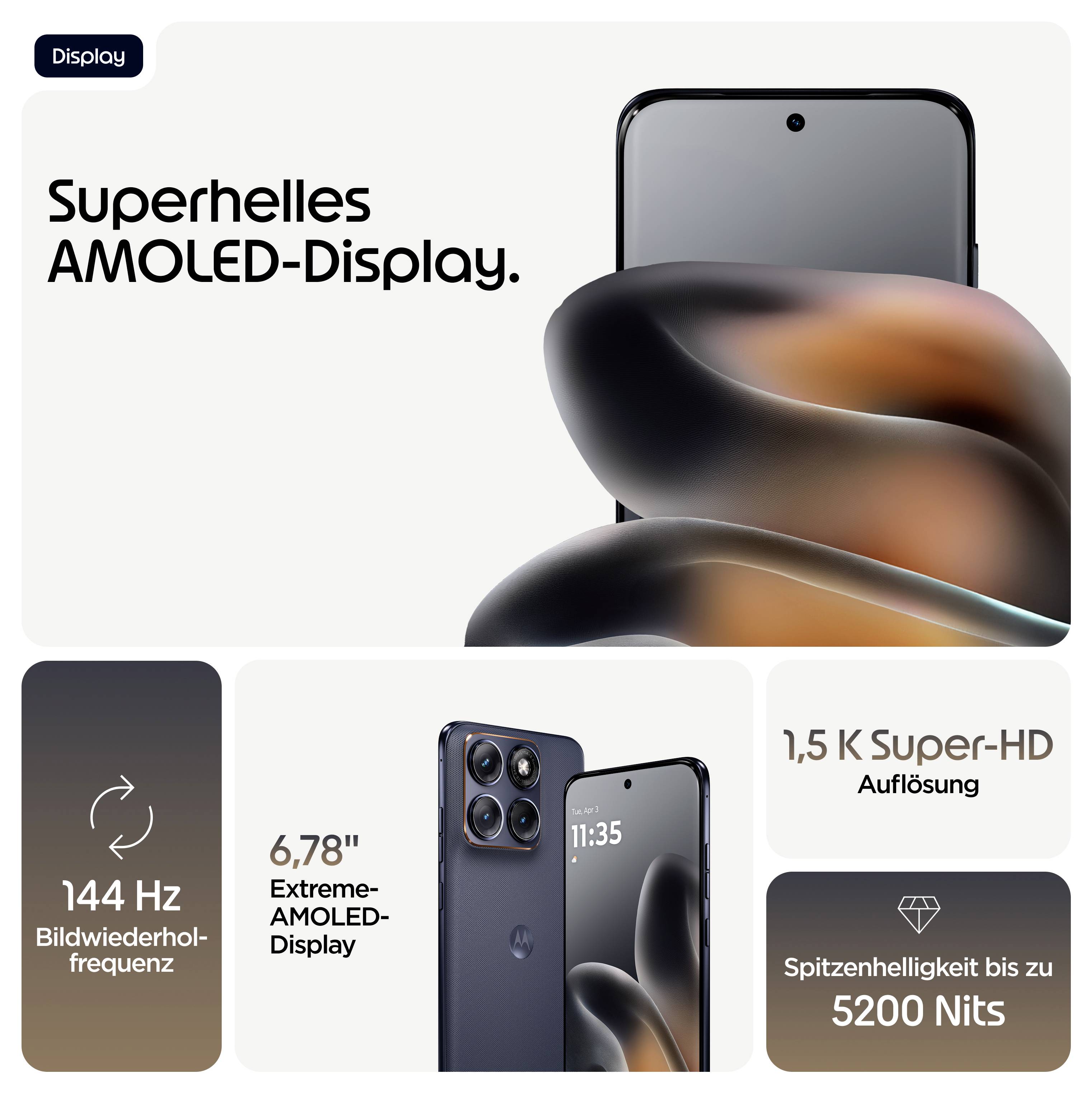 Superbright AMOLED-skärm-annons som visar en smartphone med funktioner: 144 Hz uppdateringsfrekvens, 6,78" storlek, 1.5K-upplösning, 5200 nits ljusstyrka.
