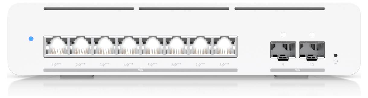 Nätverksswitch med åtta Ethernet-portar och två SFP-portar, främre vy, i ett vitt hölje.