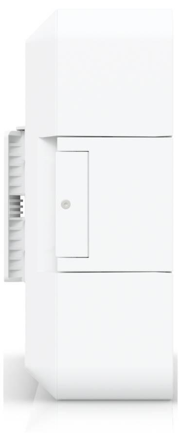 Sidovy av en snygg, modern vit elektronisk enhet med en framskjutande komponent.
