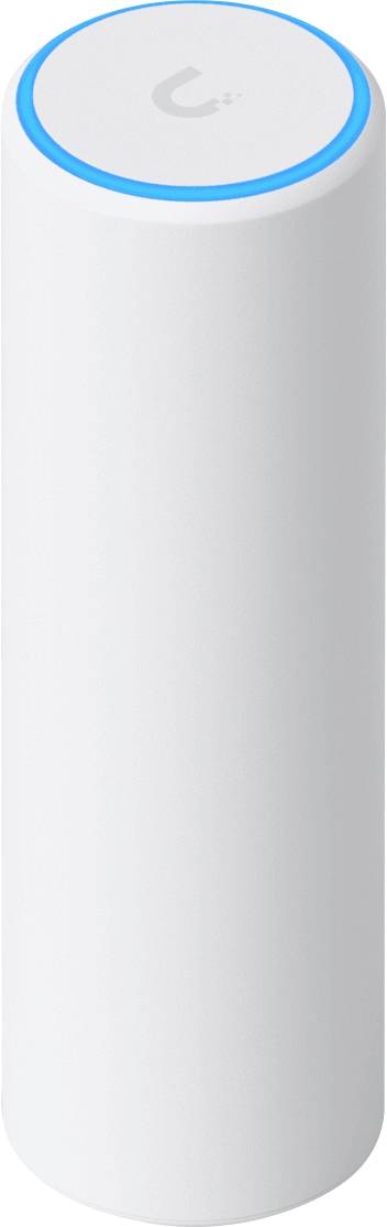 En vit cylindrisk smart home-enhet med en glödande blå ring högst upp, vilket indikerar att den är påslagen eller i aktivt läge.