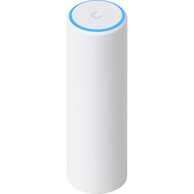 En vit cylindrisk smart home-enhet med en glödande blå ring högst upp, vilket indikerar att den är påslagen eller i aktivt läge.