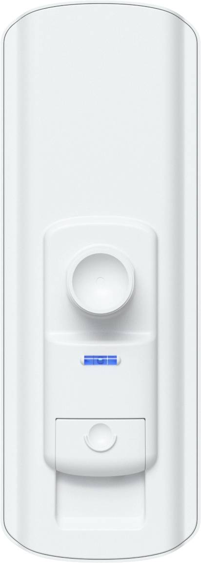 En vit elektronisk enhet med en cirkulär sensor på toppen och ett litet blått indikatorljus under den.