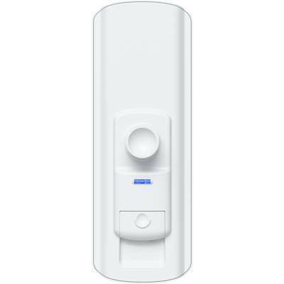 En vit elektronisk enhet med en cirkulär sensor på toppen och ett litet blått indikatorljus under den.