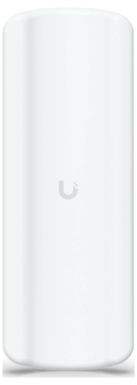 En vit, vertikal nätverksenhet från Ubiquiti med en elegant design. Märkets logotyp är centrerad på framsidan.