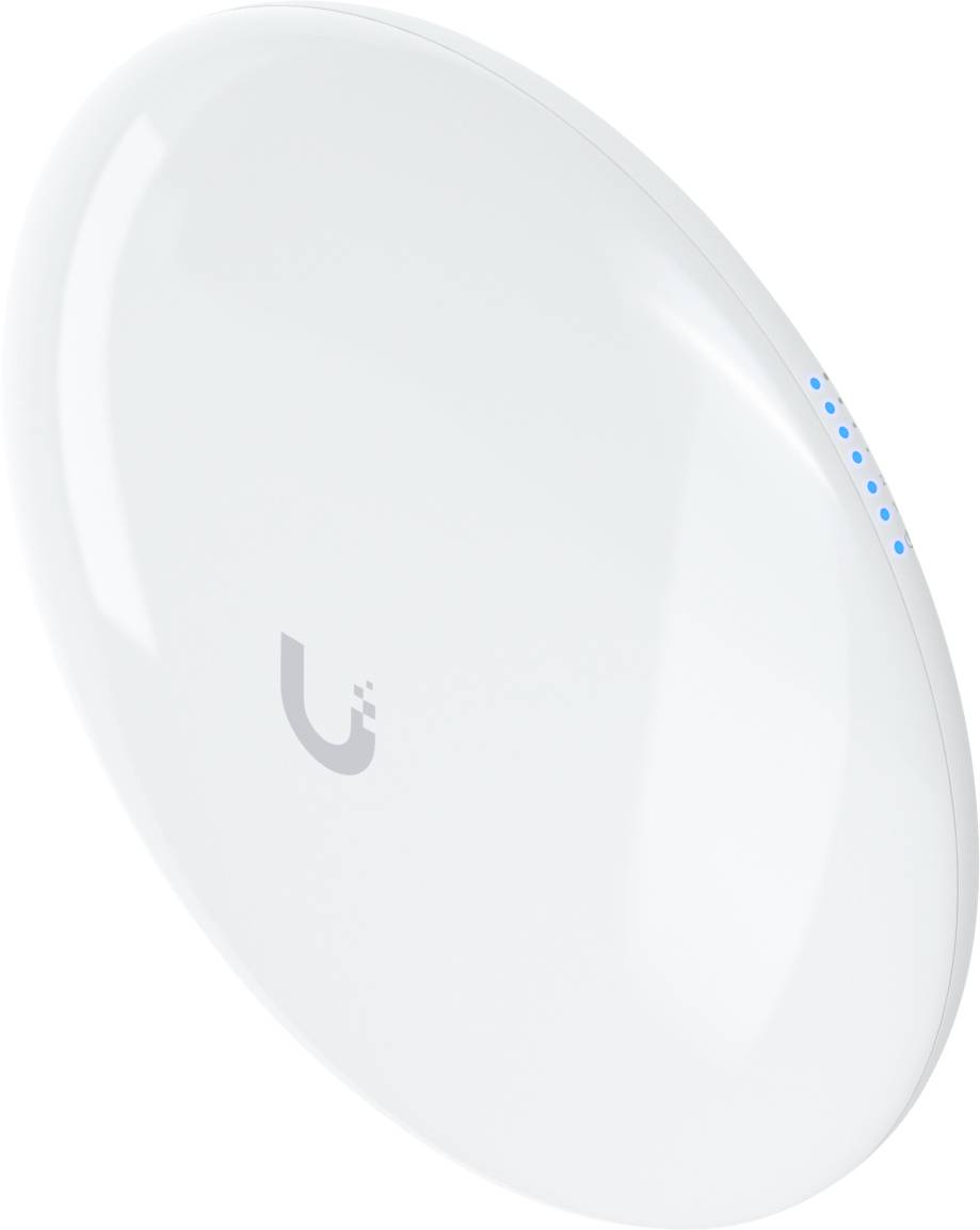 En vit, cirkulär Wi-Fi-åtkomstpunkt med en liten Ubiquiti-logotyp och blå LED-indikatorer på sidan, utformad för trådlös internetanslutning.