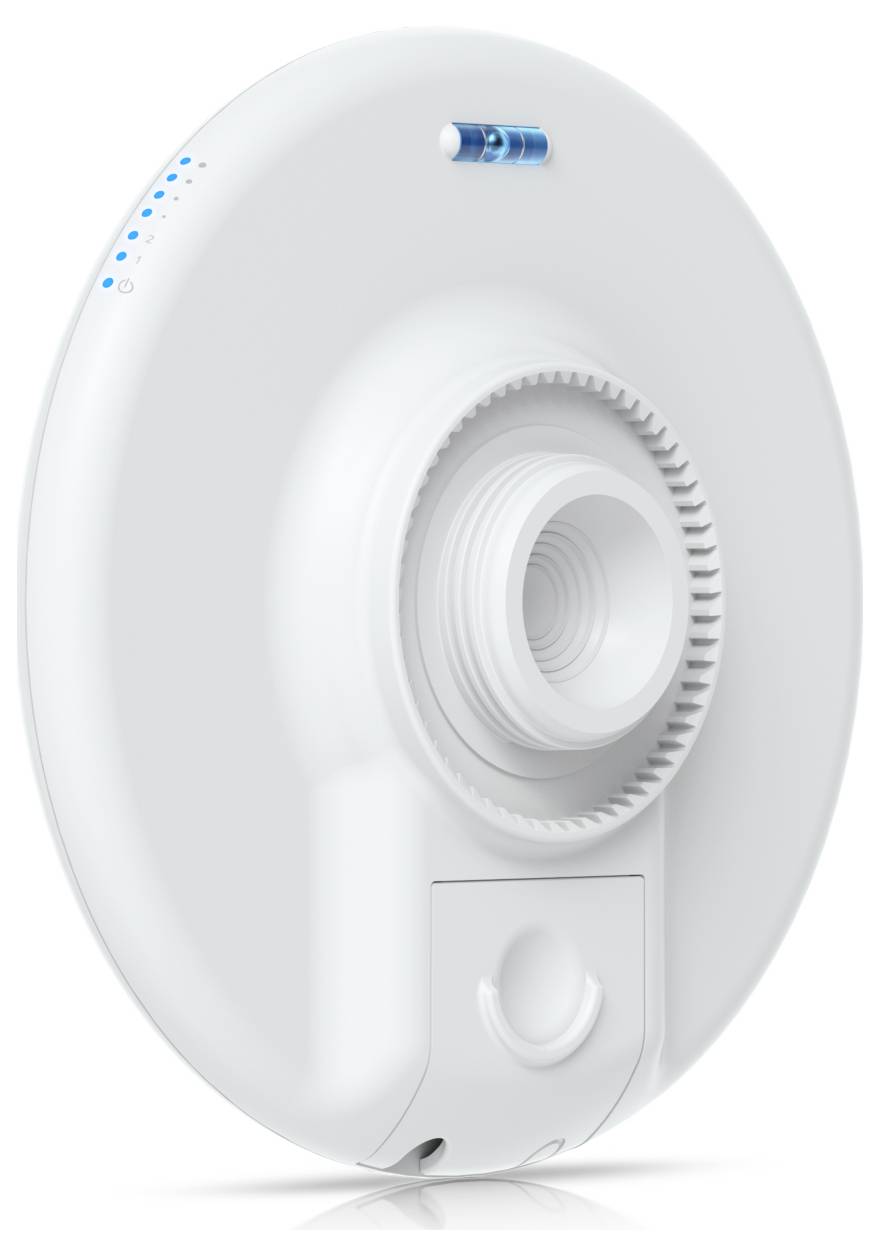 En vit, cirkulär, plastvattenfilter med en central öppning, liten blå indikator och elektroniska komponenter, sedd från en vinkel.