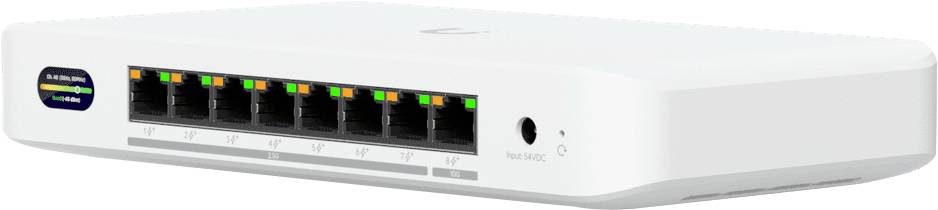 En vit nätverksswitch med åtta Ethernet-portar visas. En etikett med färgade indikatorer är synlig på vänster sida.