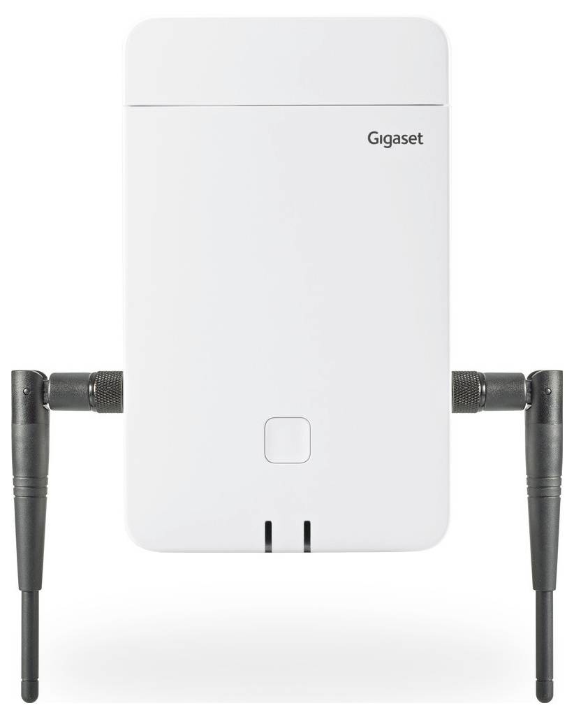 Vit Gigaset Wi-Fi-åtkomstpunkt med två externa antenner, visad framifrån på en enkel bakgrund.