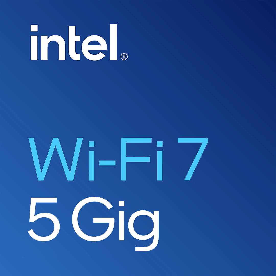 Intel Wi‑Fi 7 5 Gig-logotyp på en blå gradientbakgrund.
