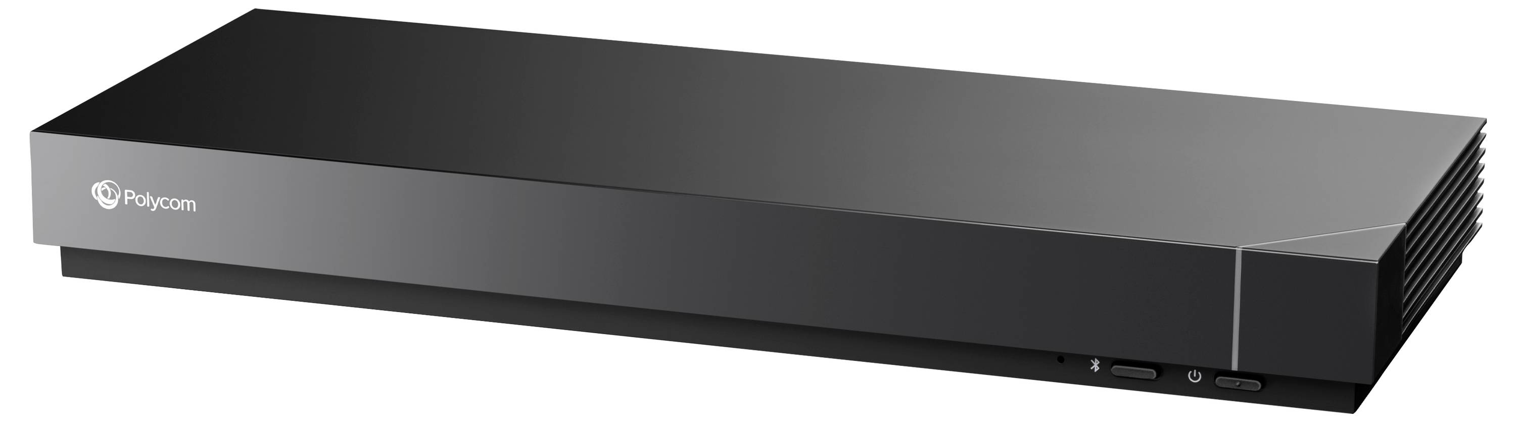 Svart Polycom-videocodec för konferensrum med logotyp på framsidan, visad i perspektiv på vit bakgrund.