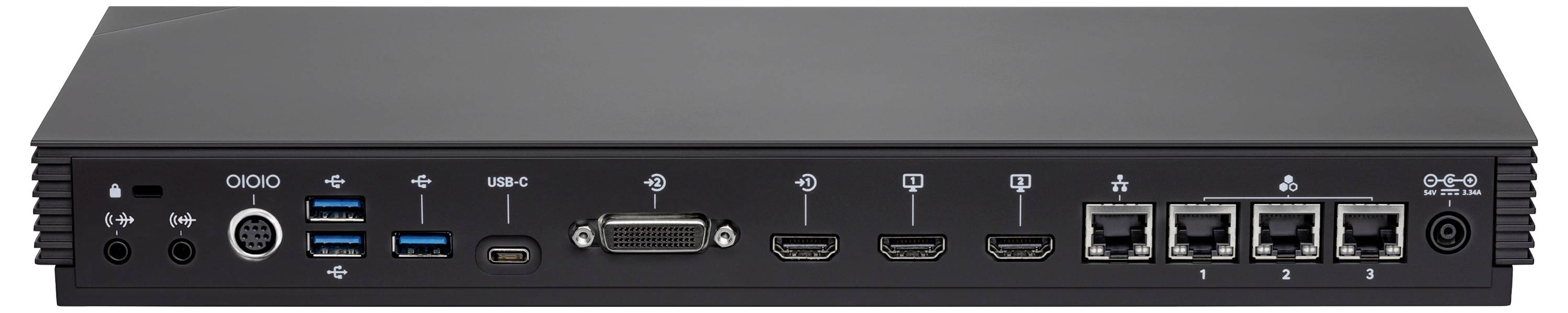 Frontvy av en svart enhetsbakpanel med flera portar: audiokontakter, USB-C, USB-A, VGA, två HDMI-portar, tre Ethernet-portar och strömtillförsel.