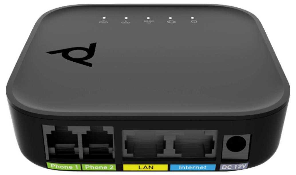 Svart internetrouter/modem med fyra statuslampor och portar märkta "Phone 1", "Phone 2", "LAN", "Internet" och "DC 12V".