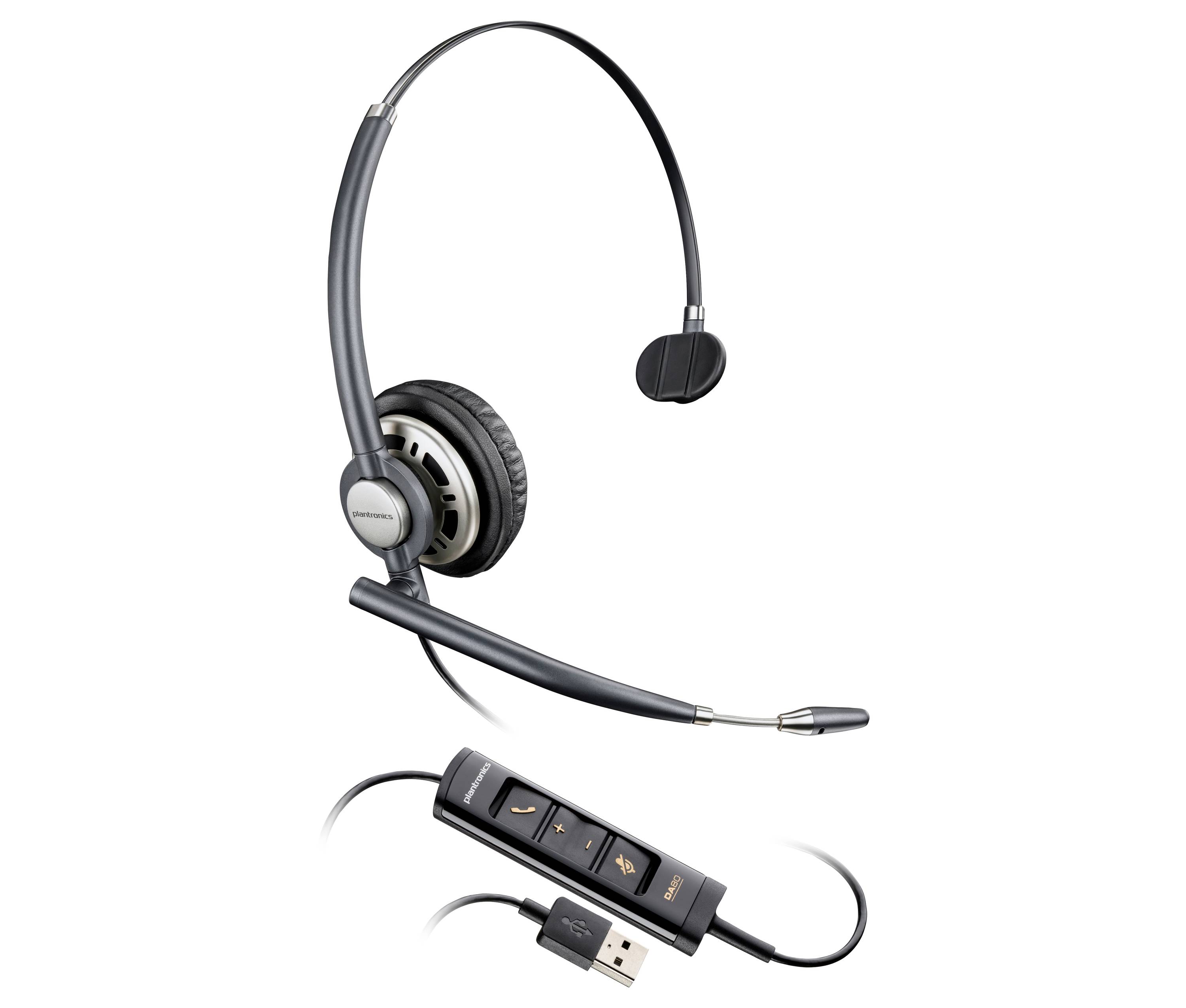 Over-ear USB-headset med bommikrofon och inbyggda kontroller, visad med ansluten USB-kabel på vit bakgrund.