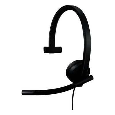 Svart headset med öronskål och bommikrofon på vit bakgrund.