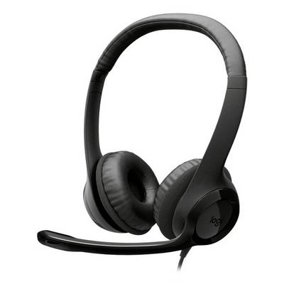 Svart Logitech-headset för över örat med bommikrofon på vit bakgrund.