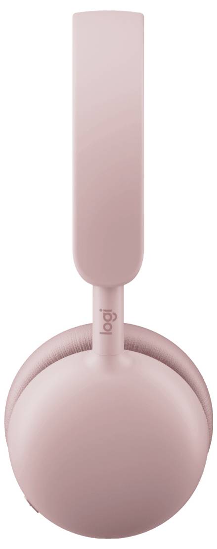Rosa Logitech-hörlurar med öronkuppar för över örat, med en vertikal mikrofonboom och runda öronkuppar, visade på vit bakgrund.