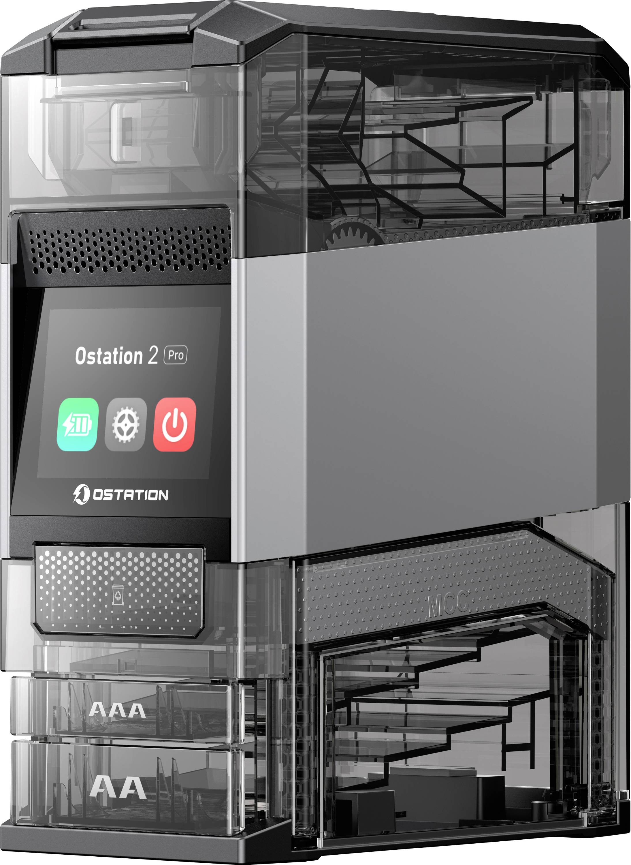 En snygg, transparent 3D-skrivare märkt "Ostation 2 Pro" med en digital skärm och lagringsutrymme för AAA- och AA-batterier.