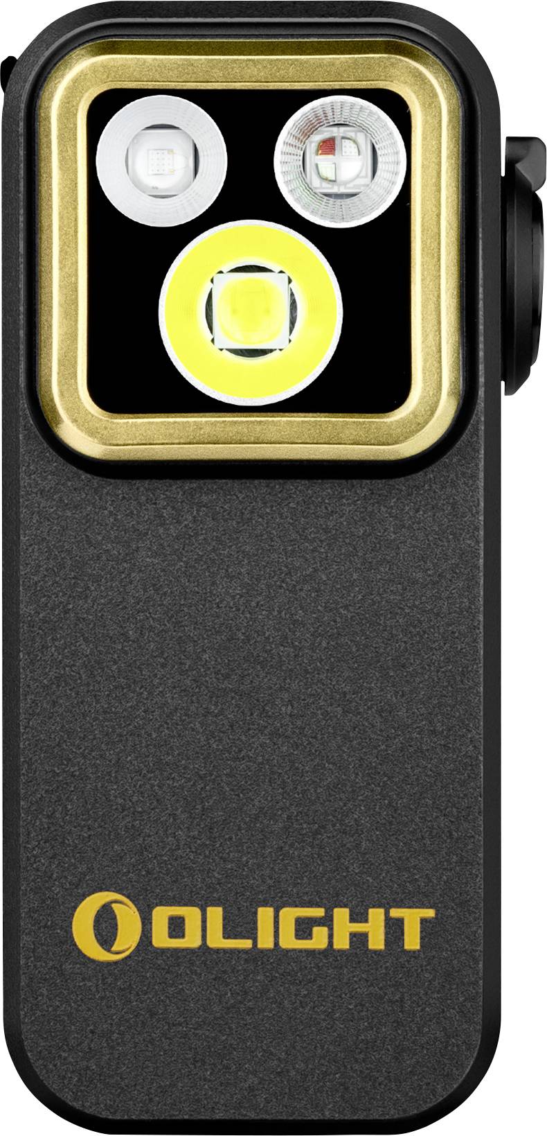 En svart och guldad bärbar ficklampa med dubbla linser och texten "OLIGHT" i guld på framsidan.