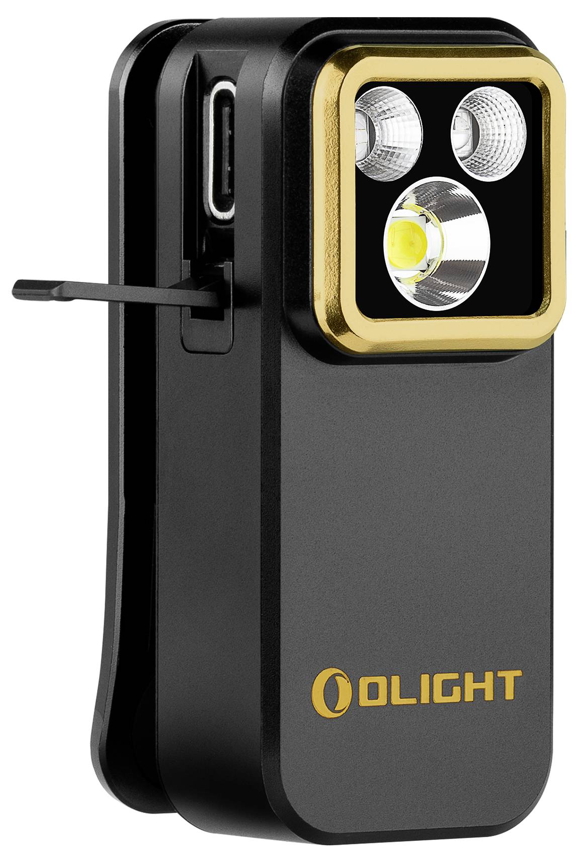 En svart och guldglänsande kompakt ficklampa med märket "Olight" på framsidan, utrustad med en USB-port och tre ljusllinser.