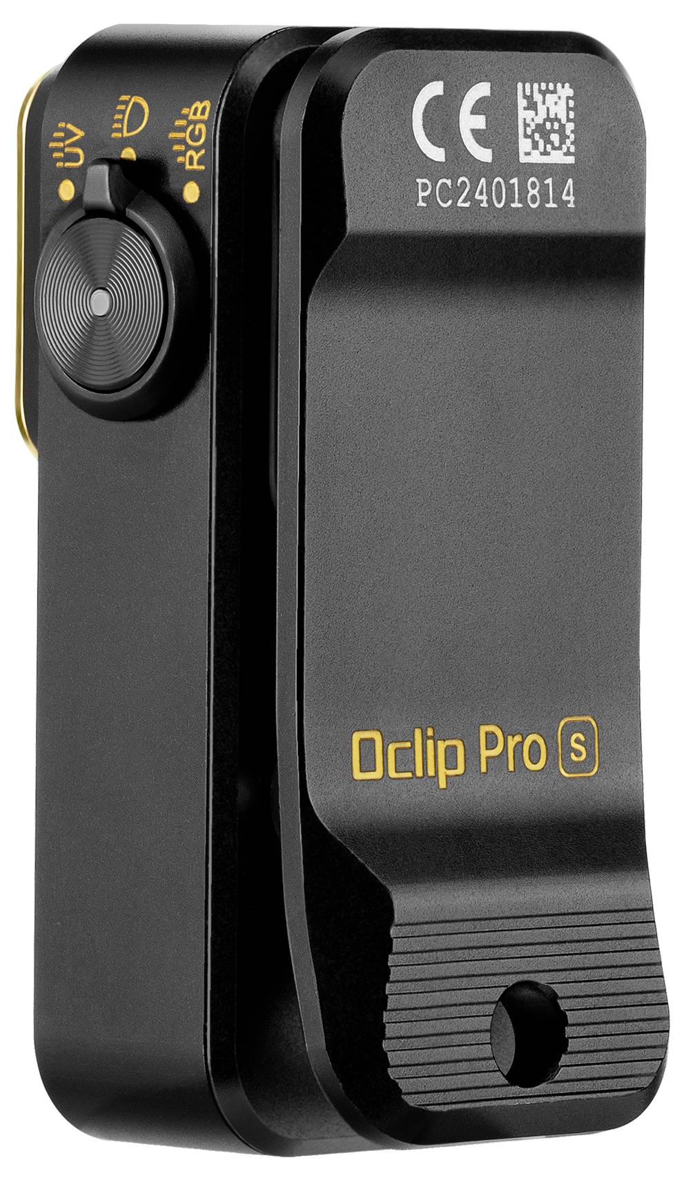En kompakt, svart Oclip Pro S-enhet med sidoknopp och LED-indikatorer, utformad för montering, visad med varumärke och modelldetaljer.