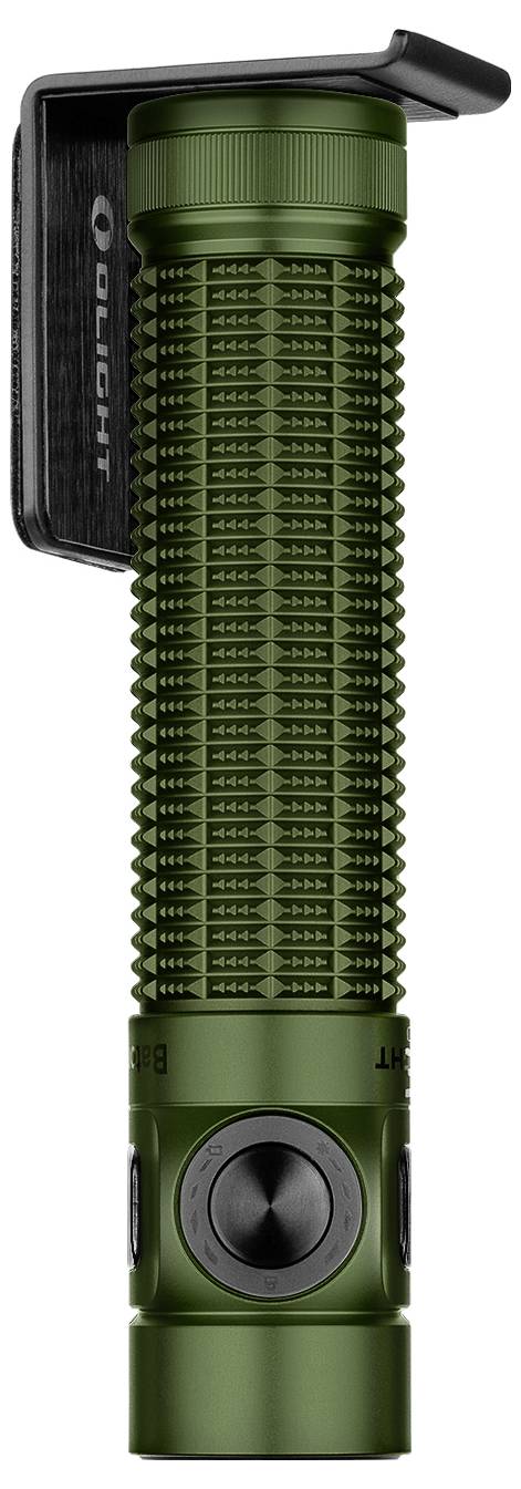 Grön ficklampa med strukturerad grepp, sidoknappar och ett klipp fäst längst upp.