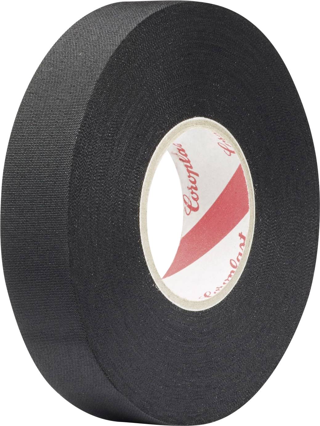 En rulle svart tejp av tyg med en synlig ände som visar dess tjocklek och textur, lämplig för isolering eller fastspänning av kablar.