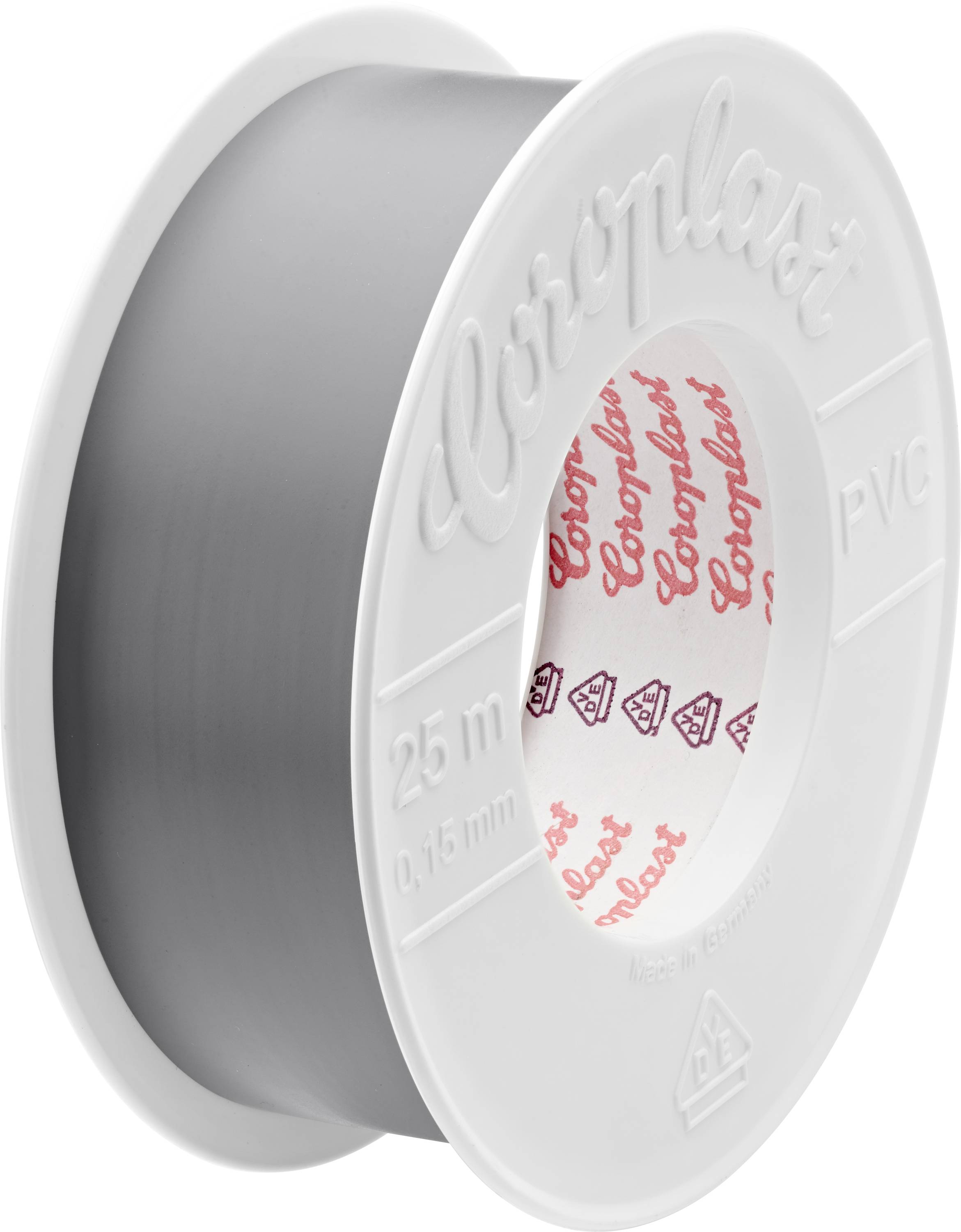 En rulle grå Coroplast-tejp, 25 meter lång och 0,15 mm tjock, med röd logotyp på den inre ringen, märkt PVC.