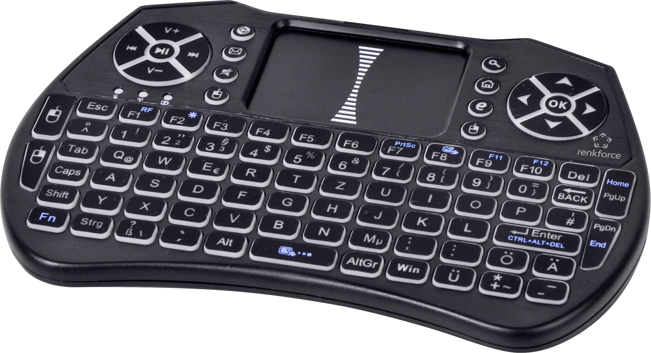 Svart mini trådlöst tangentbord med integrerad touchpad, cirkulära riktningsreglage och funktionstangenter för TV-box eller mediakontroll.