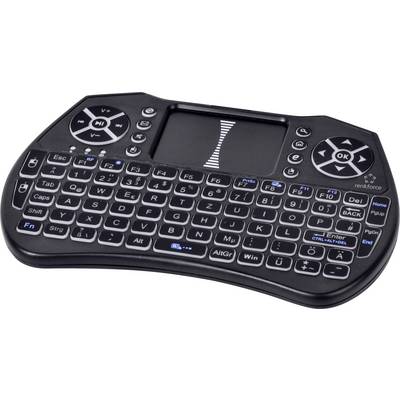 Svart mini trådlöst tangentbord med integrerad touchpad, cirkulära riktningsreglage och funktionstangenter för TV-box eller mediakontroll.