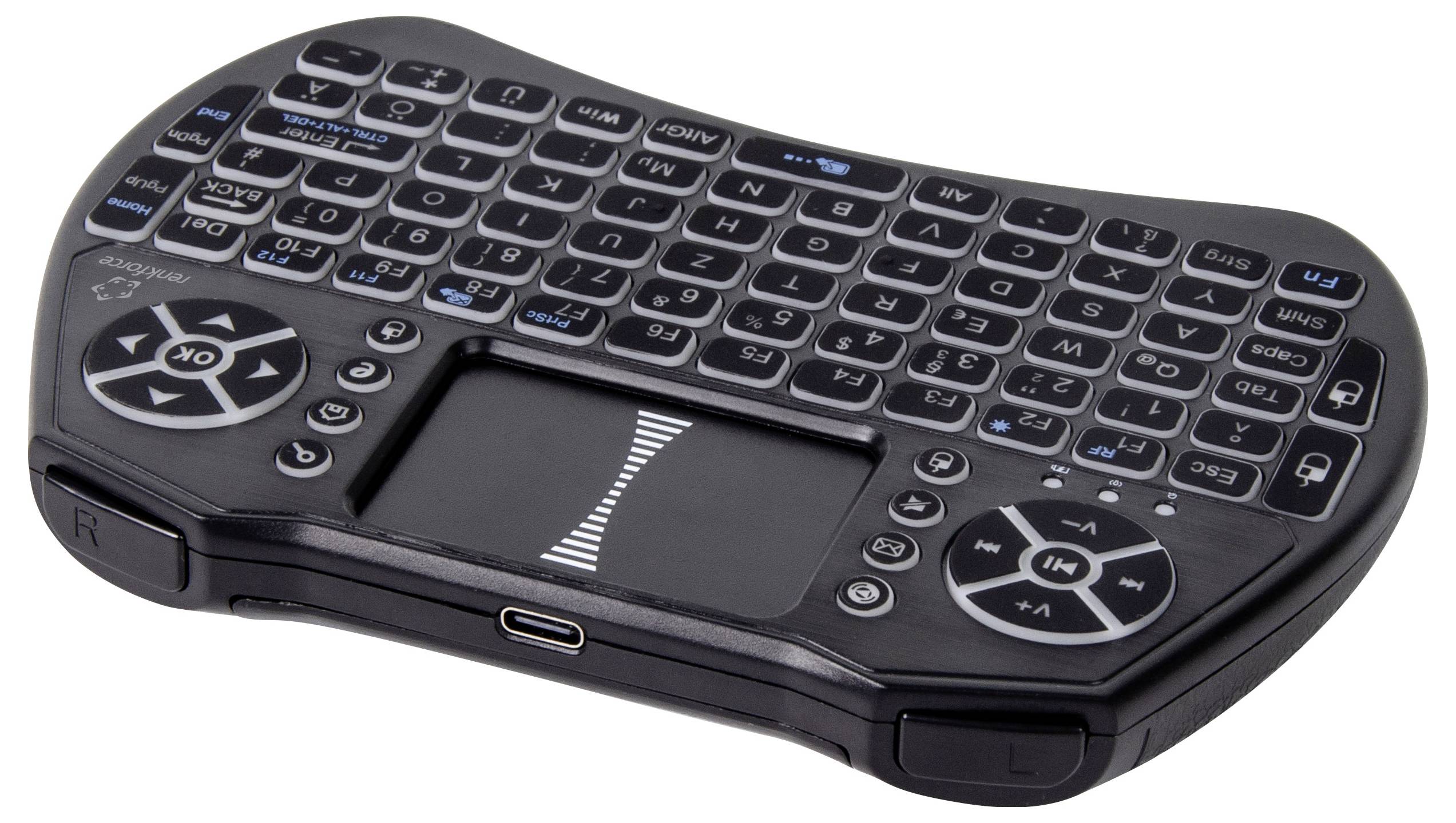 Svart trådlöst handhållet tangentbord med touchpad och mediakontroller på en vit bakgrund.