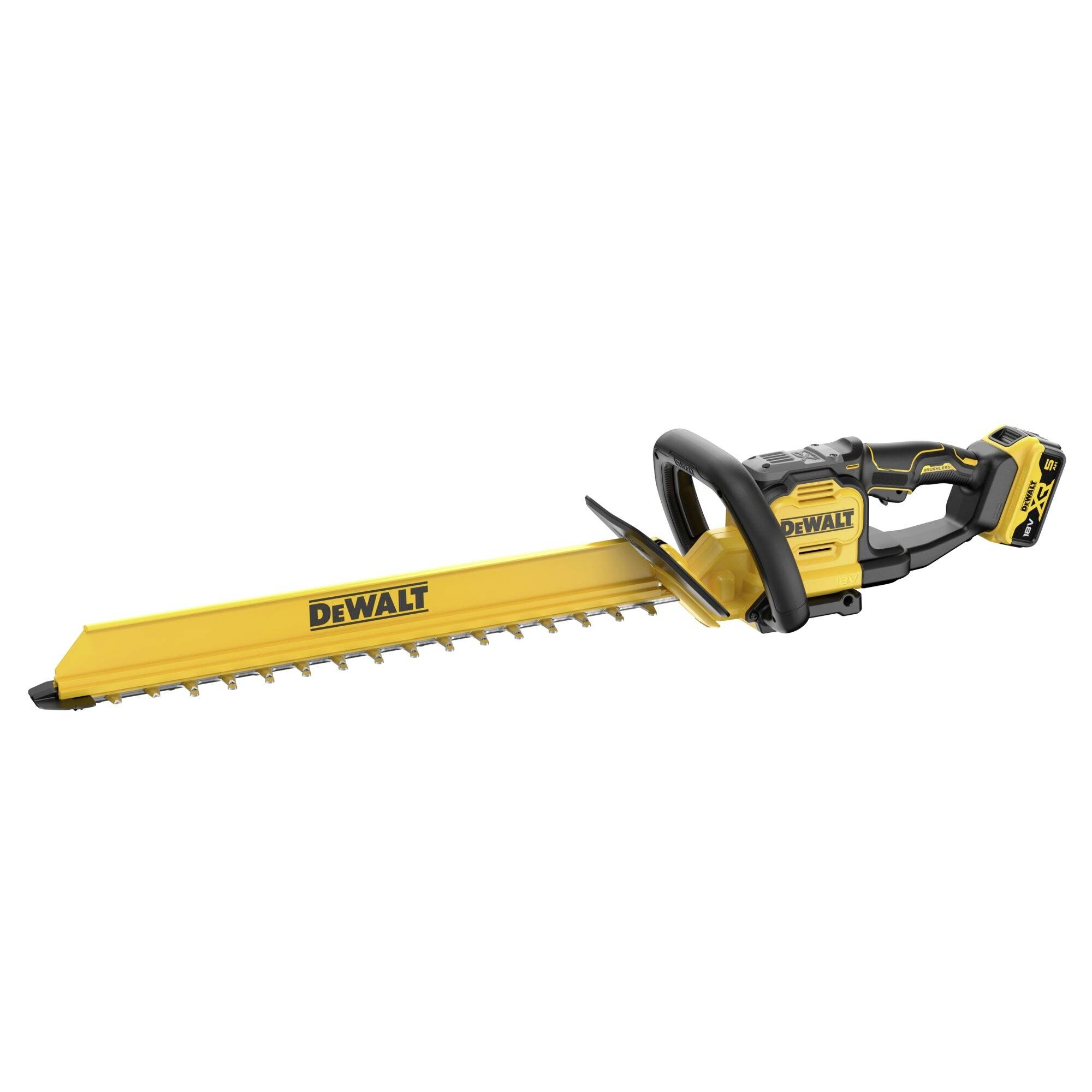 En gul och svart trådlös häckklippare med märket "DeWalt" på bladskyddet och sidan, utrustad med ett långt blad och ett ergonomiskt grepp.
