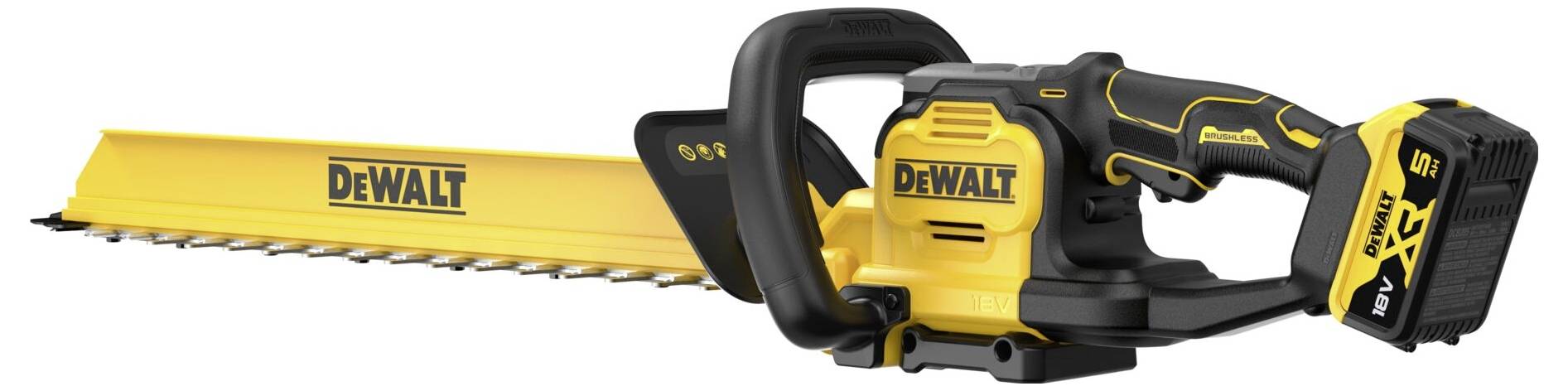 En DeWalt trådlös häcksax med ett gult blad och svart handtag, utrustad med ett litiumackumulator för effektiva trädgårdsarbeten.