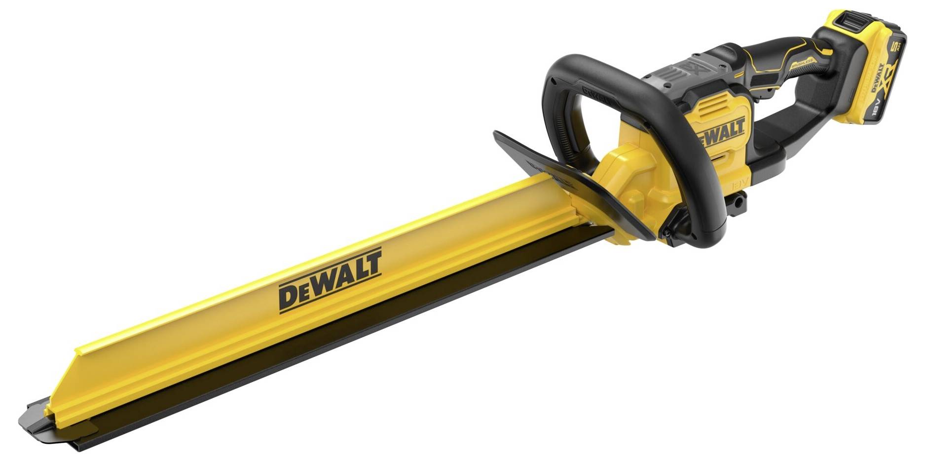 En gul och svart trådlös häckklippare med märket "DeWalt" på skyddet för klingstacken, med en långt skärande klinga och ergonomiskt handtag.