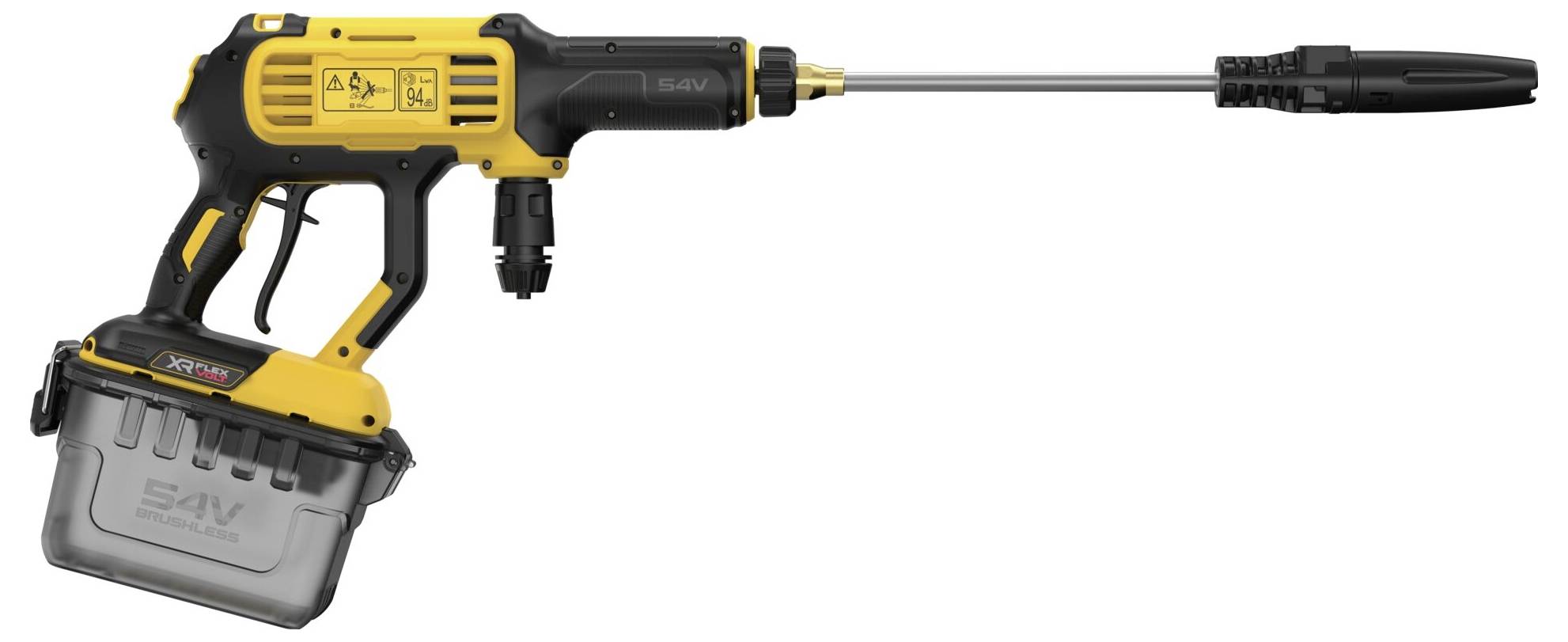 En gul och svart elverktyg med en lång munstycksanslutning och en genomskinlig patron vid basen. Designad för industriell användning.