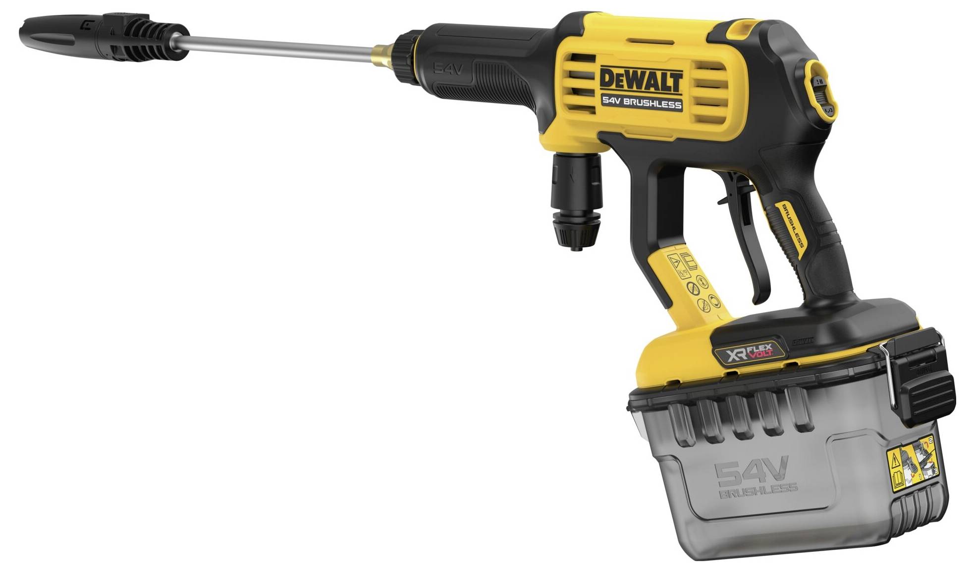 En gul och svart trådlös högtryckstvätt med en transparent vattentank och en munstycksförsamling, märkt med "DeWalt XR Flexvolt 54V".