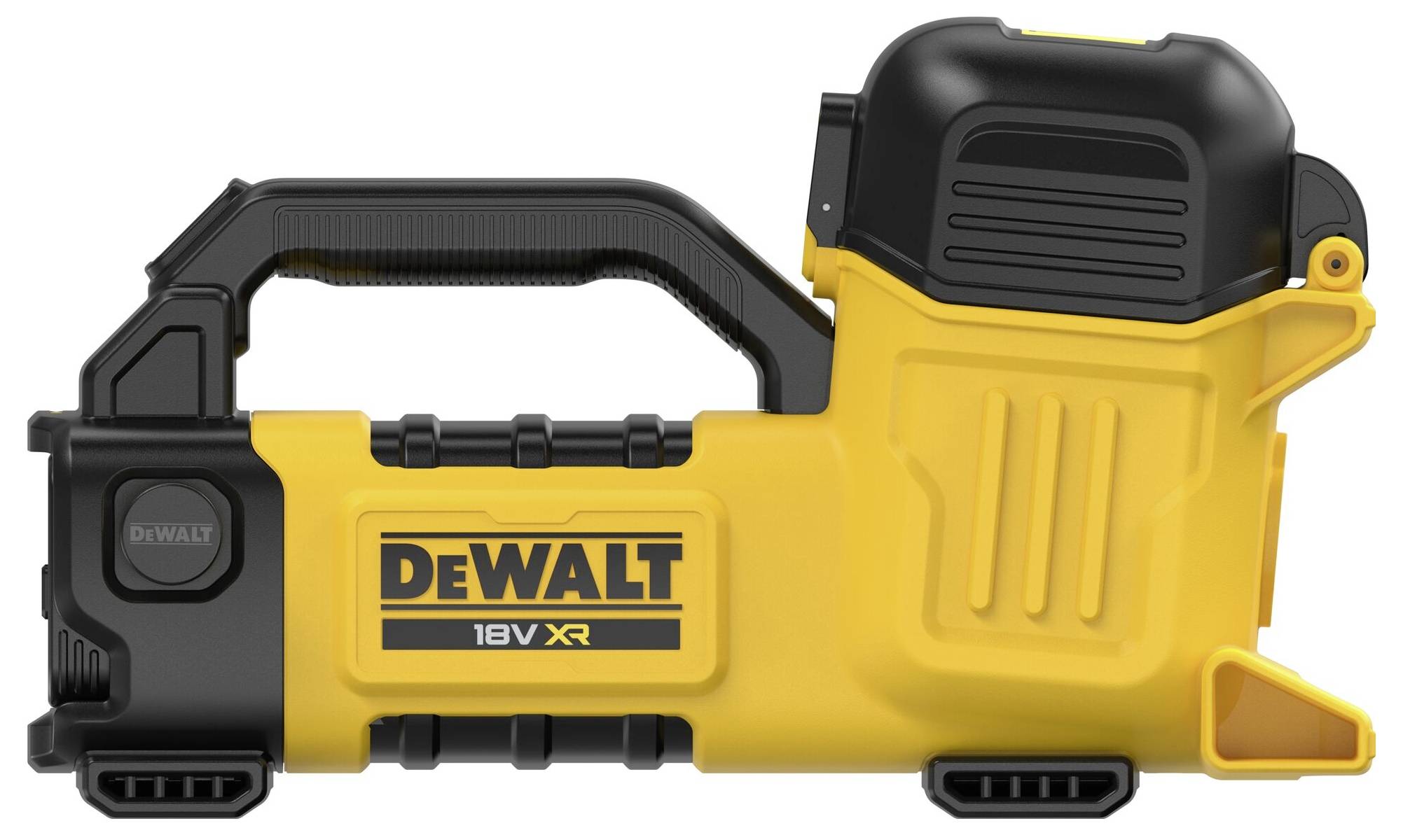En gul och svart Dewalt 18V XR trådlös verktyg med en kompakt design, med ett handtag för grepp. Verktyget är fokuserat och isolerat.