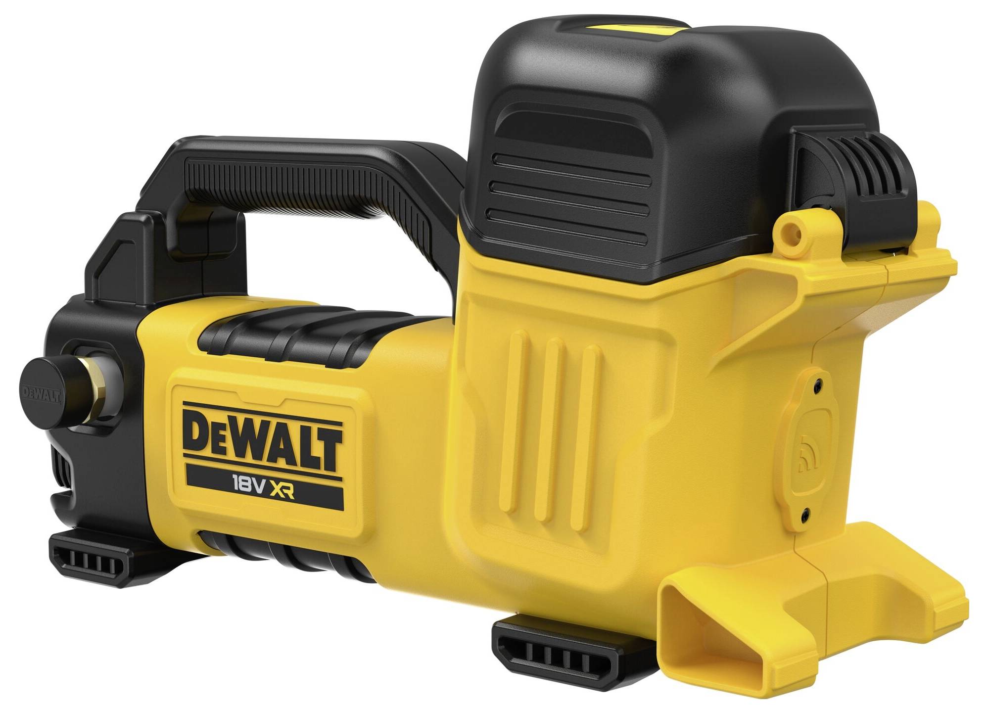 En bärbar gul och svart DeWalt 18V XR luftkompressor, utformad för att pumpa upp däck och andra uppblåsbara föremål, med ett ergonomiskt handtag.