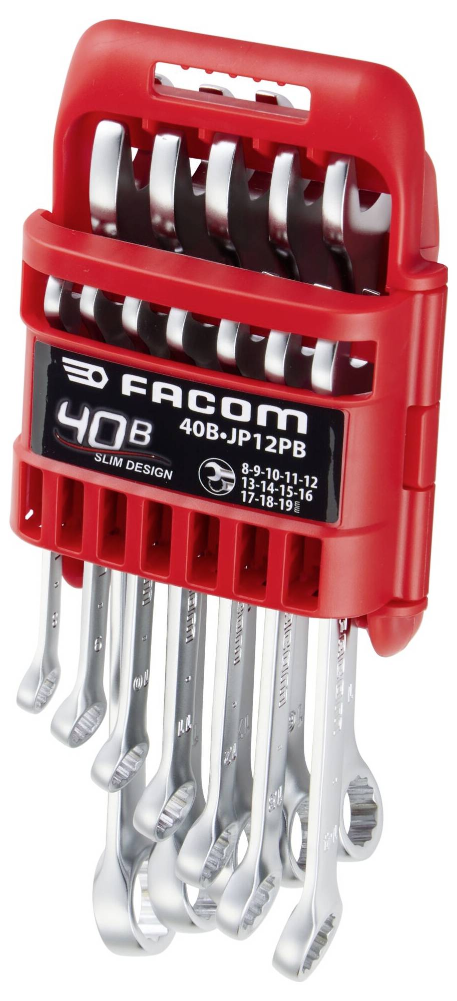 En skruvmejsel med platt blad och svart handtag med röda detaljer, med märket "FACOM" tryckt på handtaget.